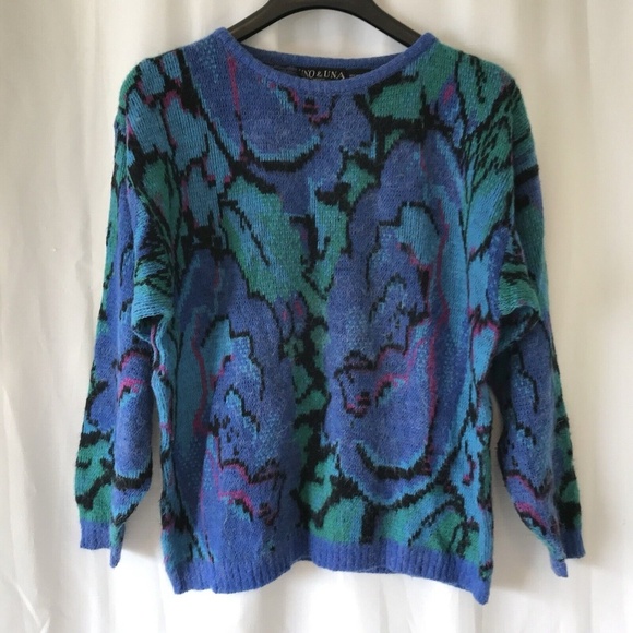 Uno&una Vintage Knit Floaral Sweater Blue Size Large Geometric - Picture 2 of 13